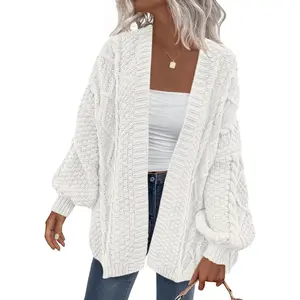 Women's Cable Knit Open Front Fall Sweater Lantern Long Sleeve Chunky Cardigan Sweaters Trendy Outerwear Coats