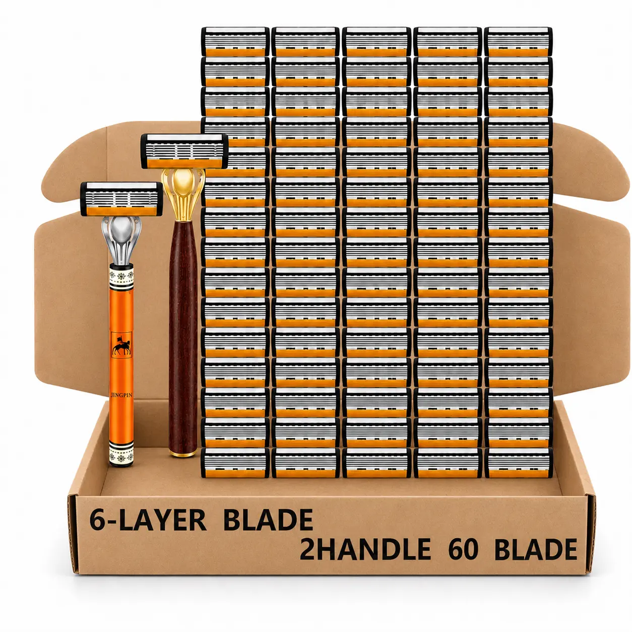 Manual Shaving Kit for Men, 6-Blade Razor Set with Pivoting Head for a Smooth Shave, Includes 2 Wood-Grain Handles & 60 Long-Lasting Refill Cartridges, Facial, Beard Shaver, Shaver Set, Classic, Grooming Gift, Adults, Ergonomic, Shaving Razors, Beard Groo