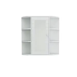 White Wall Mounted Mirror Storage Cabinet, Rectangular MDF Bathroom Organizer with Adjustable Shelves and 6 Open Compartments, UV Painted Space Saving Wall Cabinet with Large HD Mirror, Modern Multi Functional Home Storage Unit