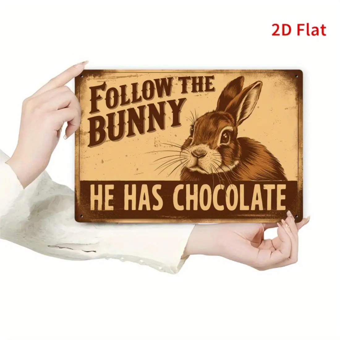 2D Flat, 1pc Vintage "Follow the Bunny He Has Chocolate" Metal Sign, 8x12 Inch - Rustic Humorous Decor for for Man Cave, Game Room, Bar - Perfect Easter Gift for Bunny Lovers, Bunny Decor, Perfect for Room Decor