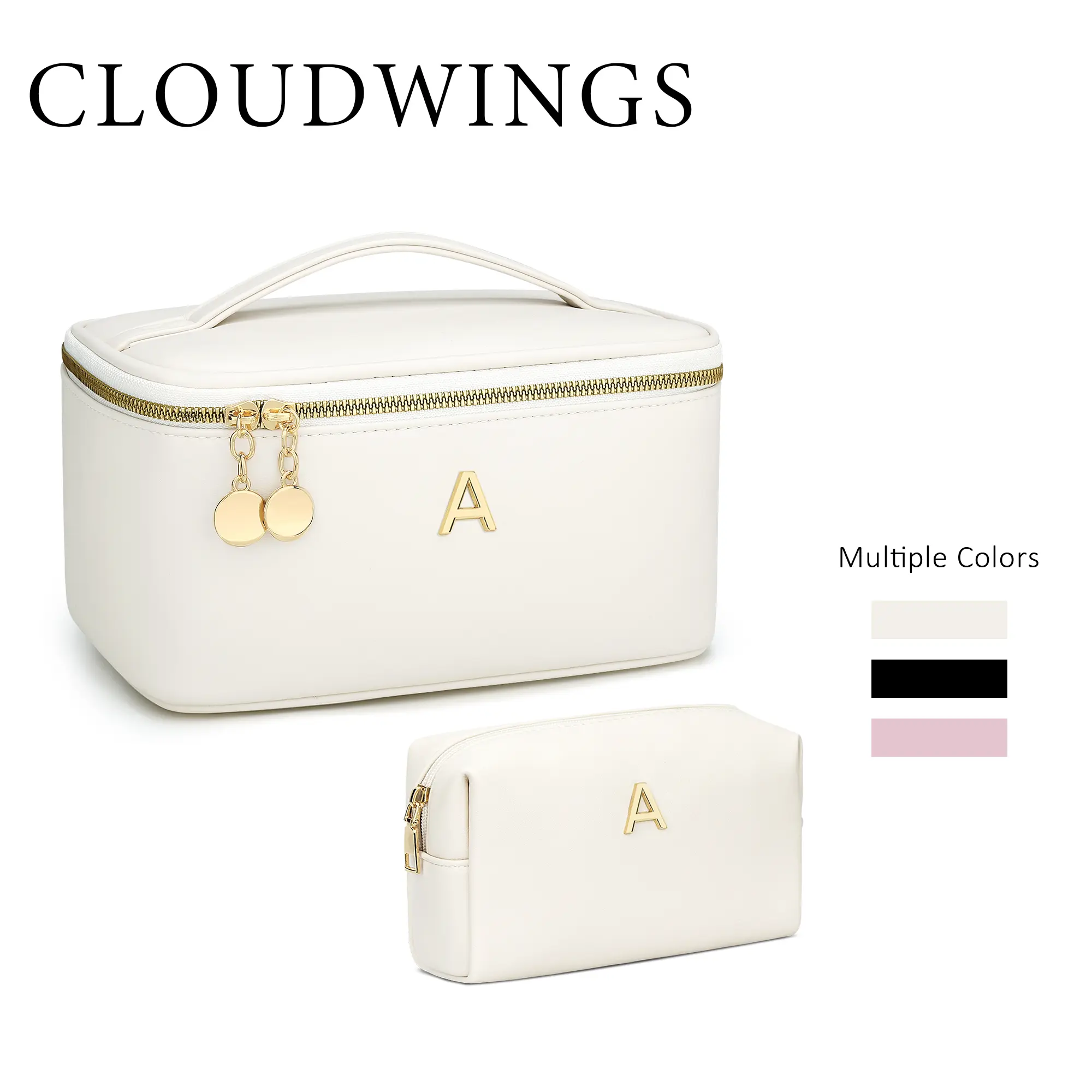 CLOUDWINGS Personalized 3D  Metal Monogram Initial Makeup Bag 2‑Piece Set, PU Leather Travel Cosmetic Organizer with Handle & Divider, Gift for Women Bridesmaid Birthday