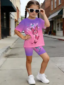 Girls' Summer Two-Piece Set, Includes Short Sleeve T-Shirt with 3D Print Design, Slim Fit Shorts, Perfect for Outdoor Activities, Summer Clothing Set