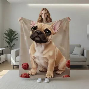 1pc Cute French Bulldog Art Flannel Fleece Blanket, Super Soft Warm Plush Throw for Sofa, Bed, Living Room, Bedroom, Office Nap, Travel, Camping, Pet Lovers Gift, Cozy Chic Blanket