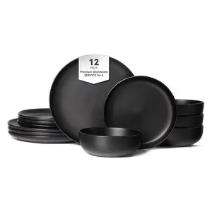 12-Piece Stoneware Dinner Plates Bowls Sets | Microwave & Dishwasher Safe | Non-Toxic Dinner Plates Bowls Set | Stackable Matte Glaze Kitchenware for 4