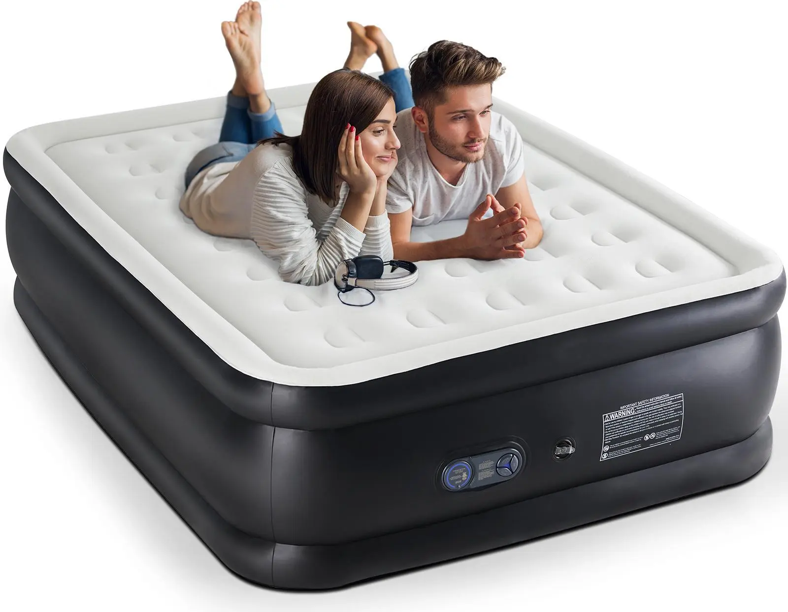 DUMOS Inflatable Air Mattress with Built-in Pump, Adjustable Double Height, Non-Slip Bottom, Anti-Scratch, Honeycomb Column Structure, Comfortable & Skin-Friendly Blow Up Bed - 18in Queen, 16in Twin Portable Airbed for Couples’ Home, Camping