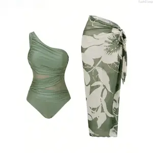 2026 New Women’s One-Shoulder Mesh One-Piece Swimsuit with Skirt, Boho Vintage Pleated Bathing Suit, Tummy Control Slimming Swimwear for Vacation, Cruise, Pool Party, and Summer Travel