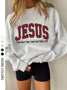 Women's Casual Letter Print Drop Shoulder Sweatshirt, Loose-Fit Long Sleeve Round Neck Pullover for Fall & Winter, Daily Wear