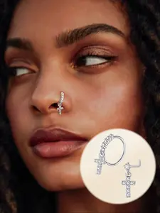 Stainless Steel Oxidized Zircon Cross Nose Ring Hoop Ear Stud Set, L-Shaped Nose Piercing Hanging Nose Ring, Unique Design