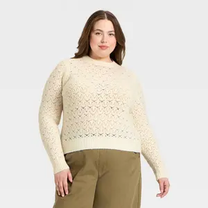 Women's Long Sleeve Lace Crewneck Pullover Sweater - Universal Thread Cream XXL