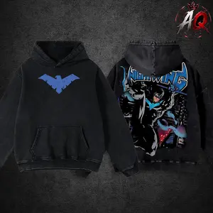 Nightwing Blue Wing Acid Wash Tee, Oversized Washed Cotton Superhero Graphic T-Shirt, Comic Book Streetwear Shirt For Fans
