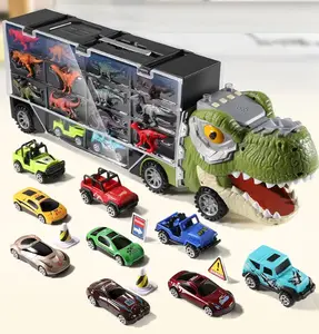 GROVIE Dino Truck 24 Mini Cars and Mini Dinosaur Figures EXTRA BIG Style Carrier Set Dinosaur Slide Toy For Kids and Toddlers