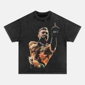 Retro Conor McGregor Iconic Pointing Up Celebration Pose Full Body Portrait Full Front Graphic Vintage Washed Black Cropped Oversized Heavyweight Cotton Streetwear T-Shirt, Unisex Top, MMA & UFC Fight Fan Apparel trendy t-shirts symbol t-shirt white tee
