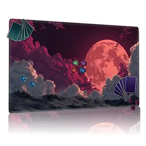 Dark Starry Night Red Moon Crater MTG Playmat - 12x24in Non-Slip, Gaming Mousepad, TCG Compatible, Ideal for Family Gatherings & Gift, Rugged Terrain & Clouds Design