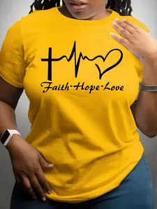 【Plus Size】 Letter Print Round Neck Tee, Casual Short Sleeve Crew Neck T-shirt for Daily Wear, Women Plus Clothing for All Seasons, Womenswear