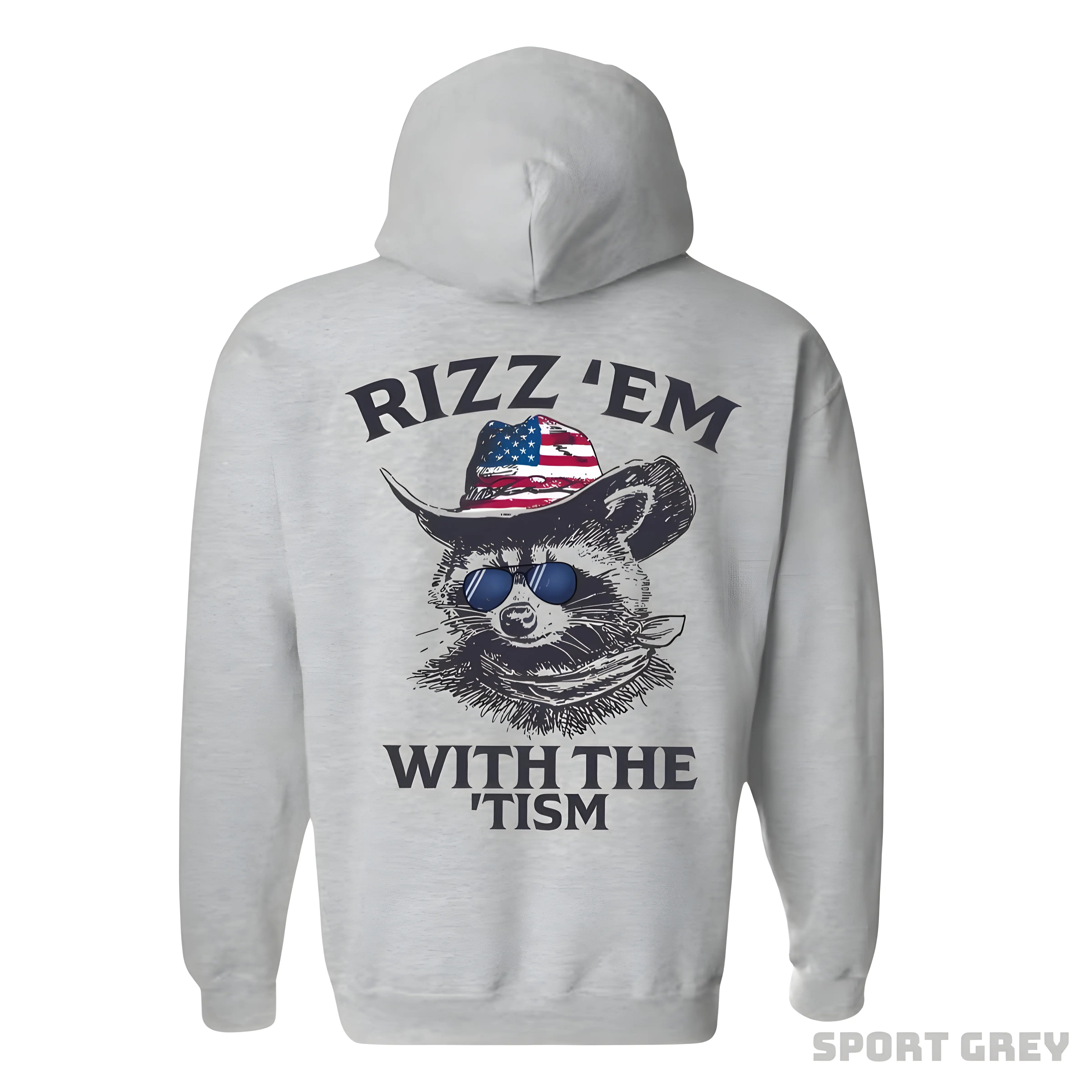Rizz 'Em With The 'Tism Hoodie - Featuring a raccoon wearing an American cowboy hat and sunglasses, bringing a fun and unique style, perfect for outdoor parties and casual events, providing comfort and style