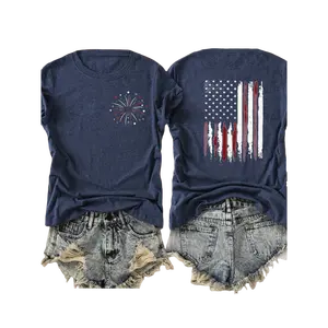 Women's Patriotic Fireworks & American Flag Print T-Shirt, Double-Sided Design, USA Flag, Perfect For 4th Of July Celebrations, Casual Fashion Graphic Tee, Festival Outfit, Soft Cotton Blend