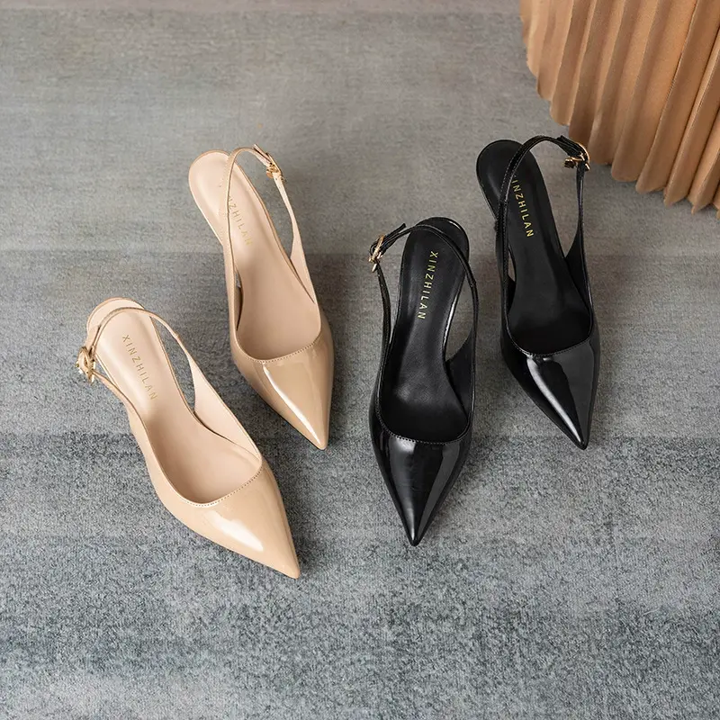 Women's Classic French-Style Leather High-Heeled Sandals - Closed-Toe, Pointed-Toe, Stiletto, Buckle, Rhinestones Rain Shoes & Covers for Spring-Summer Wedding Elegant Footwear