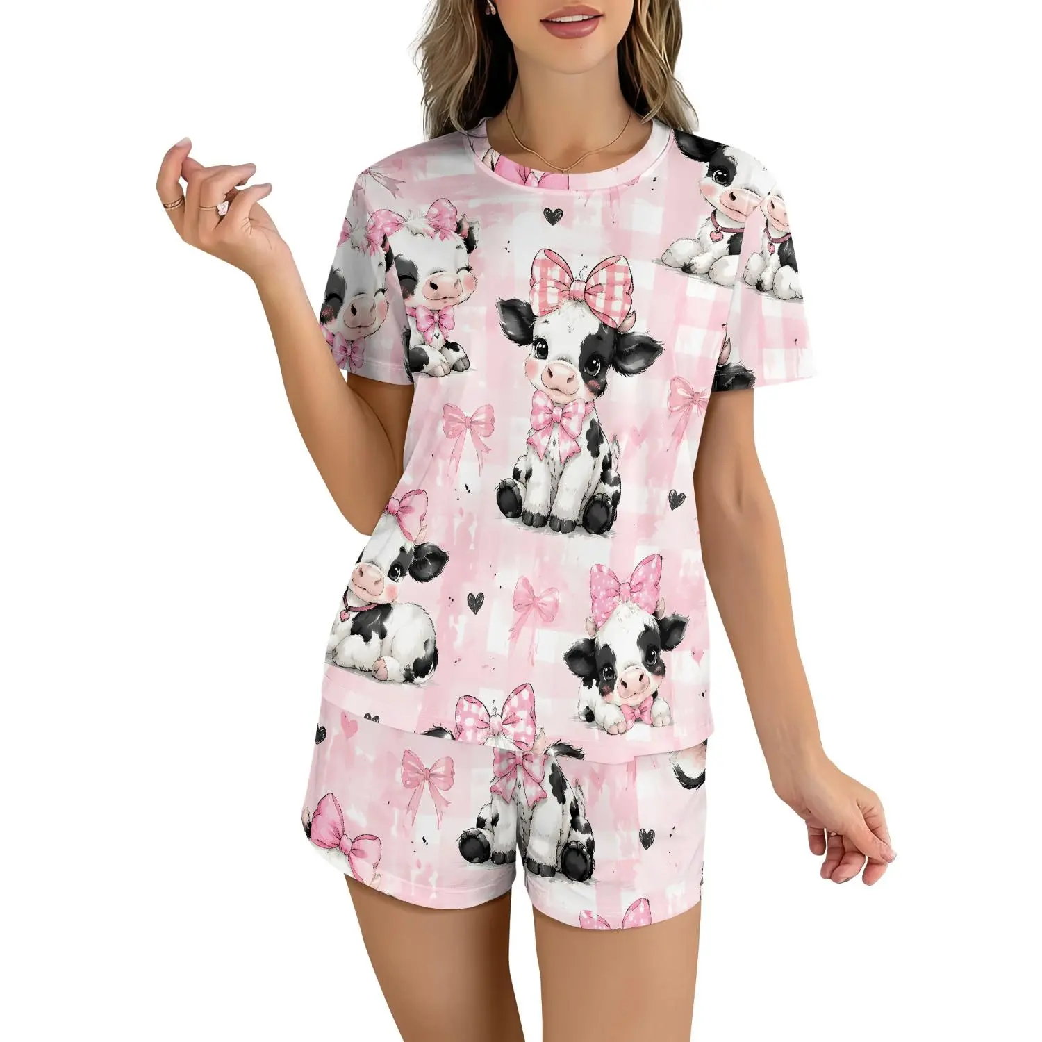 Cute Pink Cow Print Women’s Lounge Pajama Set - TikTok Trending Matching Sleepwear