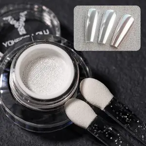 YOKEFELLOW GleamTap Cushion Chrome Nail Powder New Upgraded Cushion Design Chrome Powder with High-Elastic Mesh Pad Magic Chrome Nail Powder Precise Powder Pickup Nail Art Glitter Decoration for Beginners Home DIY Salon Manicure GT212 Pearl White