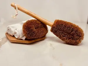 Coconut Fiber Lymphatic Dry Skin Brush With Handle for Gentle Exfoliation & Circulation Boost - Plastic-Free Body Scrubber