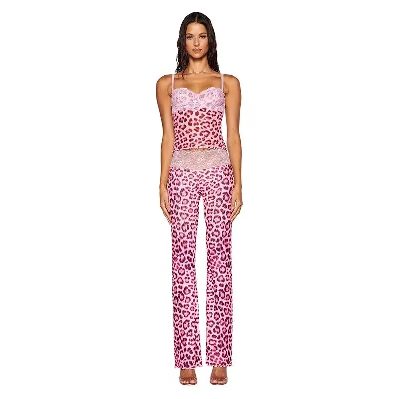 Women's Pink Leopard Print Lacy Trim Polyester Fabric Sleeveless Tie Detail Cami & High Waist Pants 2-Piece Suit, Casual Vacation Outfit, Lightweight Smooth Printed Women's Clothes Set