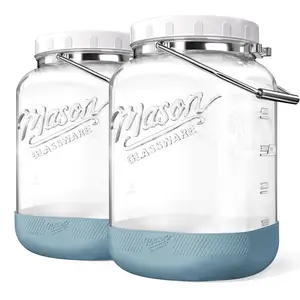 2 Pc 1.5 Gallon Glass Jar With Airtight Lid, Large Mason Jars Wide Mouth with Scale Marks, Big Glass Storage Containers with Heavy-duty Handles & Non-slip Bases - for Flour, Pickling (192Oz