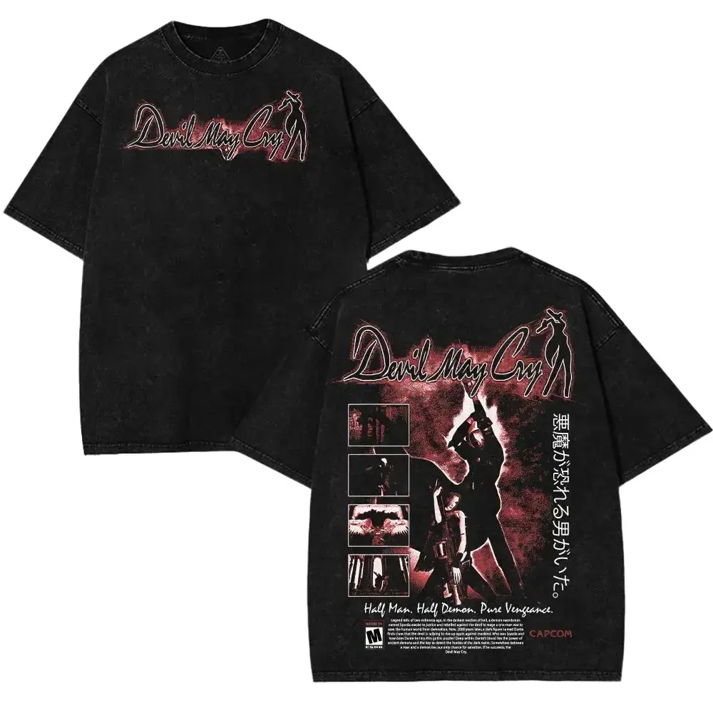 Men's Devil May Cry 1 Dante & Trish Son of Sparda Vintage 2-Sided Graphic Tee - Washed Soft Cotton Oversized Ribbed Round Neck Streetwear Top, 2XL/3XL Sizes, 7-Day Return Policy, Vintage Graphic, Seamless, Shortsleeve