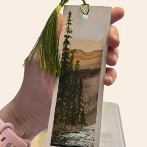 Mountains with Trees and River Bookmark - Hand Painted Bookmark with Natural Design