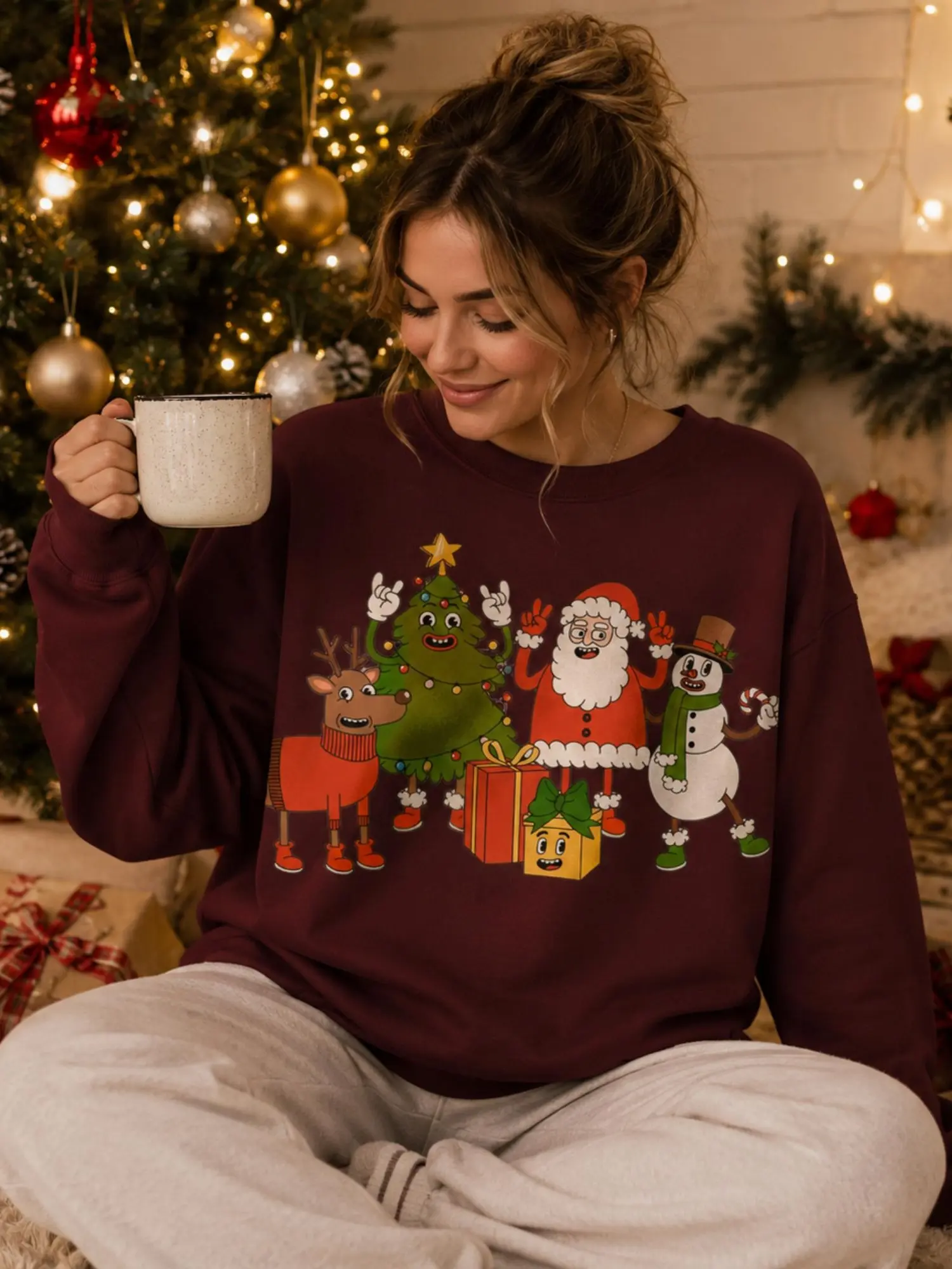 Cute Christmas Cartoon Sweatshirt, Santa Reindeer Snowman Tree Graphic Crewneck, Unisex Cotton Blend Fleece Pullover, Holiday Party Winter Outfit, Christmas Gift for Women and Men
