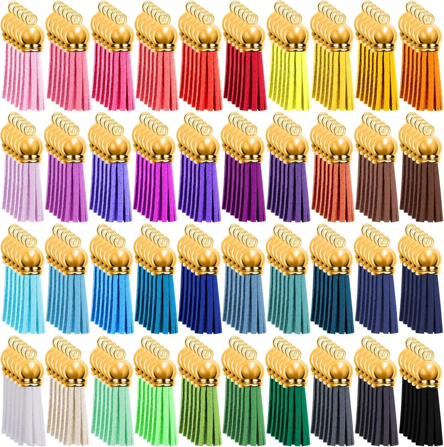 200 Pcs Keychain Tassels Bulk Tassels for Keychain Making Craft DIY | Gold Cap Leather Tassel Pendants, 40 Colors