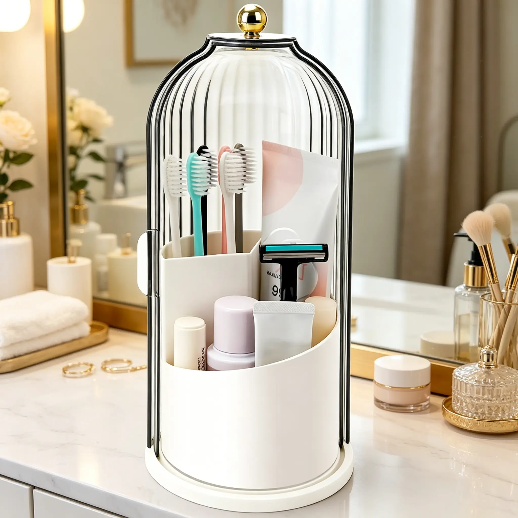 Minimalist Rotating Toothbrush and Brush Holder with Cover - Clear Acrylic-Style Organizer for a Clutter-Free Bathroom Countertop (White/Gray)
