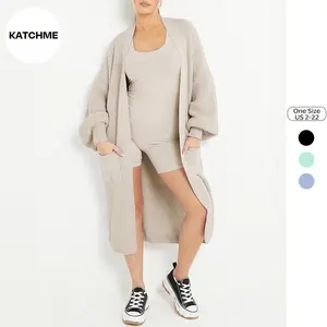 KatchMe Minimalist Balloon Sleeve Drop Shoulder Cardigan,Trendy Knitwear for Fall & Winter, Open-Front Side Pockets Cardigan, Clothes Length 43.5"(US)