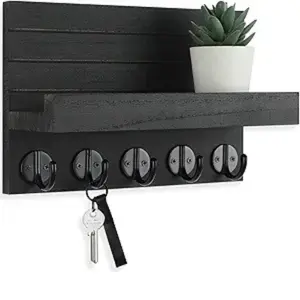 Key Holder for Wall, Decorative Key and Mail Holder with Shelf Has Large Hooks for Bags, Coats, Umbrella – Paulownia Wood Key Hanger with Mounting Hardware (9.8”W x 6.7”H x 4.2”D)
