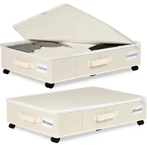 Under Bed Storage with Wheels, 2 Pack Under Bed Storage Containers with Label Holders for Clothes, Shoes and Blankets, Rolling Underbed Shoe Organizer with Cover, Beige (30.71x15.7x7.28 in)