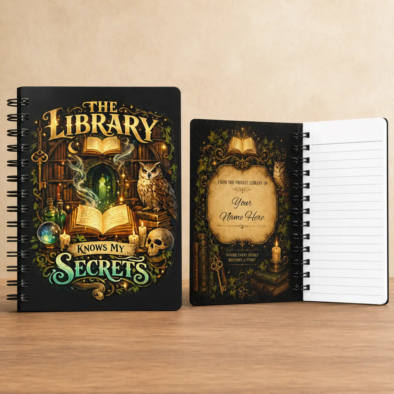 [Made-to-Order] Personalized Dark Academia Spiral Notebook - Journaling Supplies for Readers, Custom Name 6x8 Book Motif Notebook with 90gsm Pages, College Ruled Office Stationery, College Ruled Notebooks