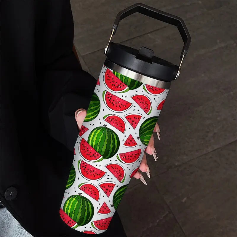 30oz Handheld Cup Tumbler with Creative Watermelon Pattern and Straw, Suitable for Cold and Hot Drinks, Ideal for Sports Outdoor Home Use