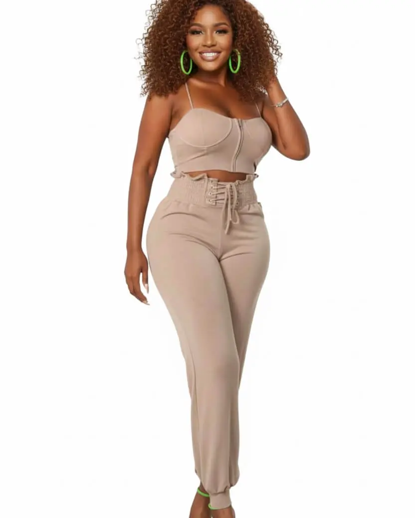 Women's Cute Chic 2-Piece Polyester Clothes Set - Bustier Spaghetti Strap Corset with Matching High-Waist Elastic Band Cargo Pants, Taupe Brown, Gray, Spandex
