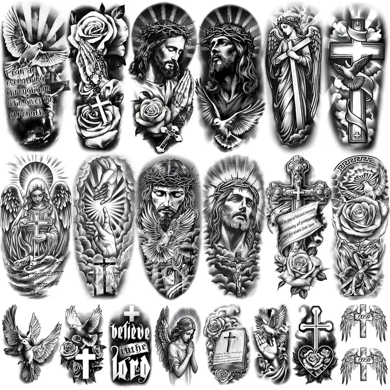 77 Sheets Christian Temporary Tattoo Adult Men Women Kids Religious Jesus Cross God Christ Catholic Realistic Half Sleeve Body Fake Tattoos Stickers