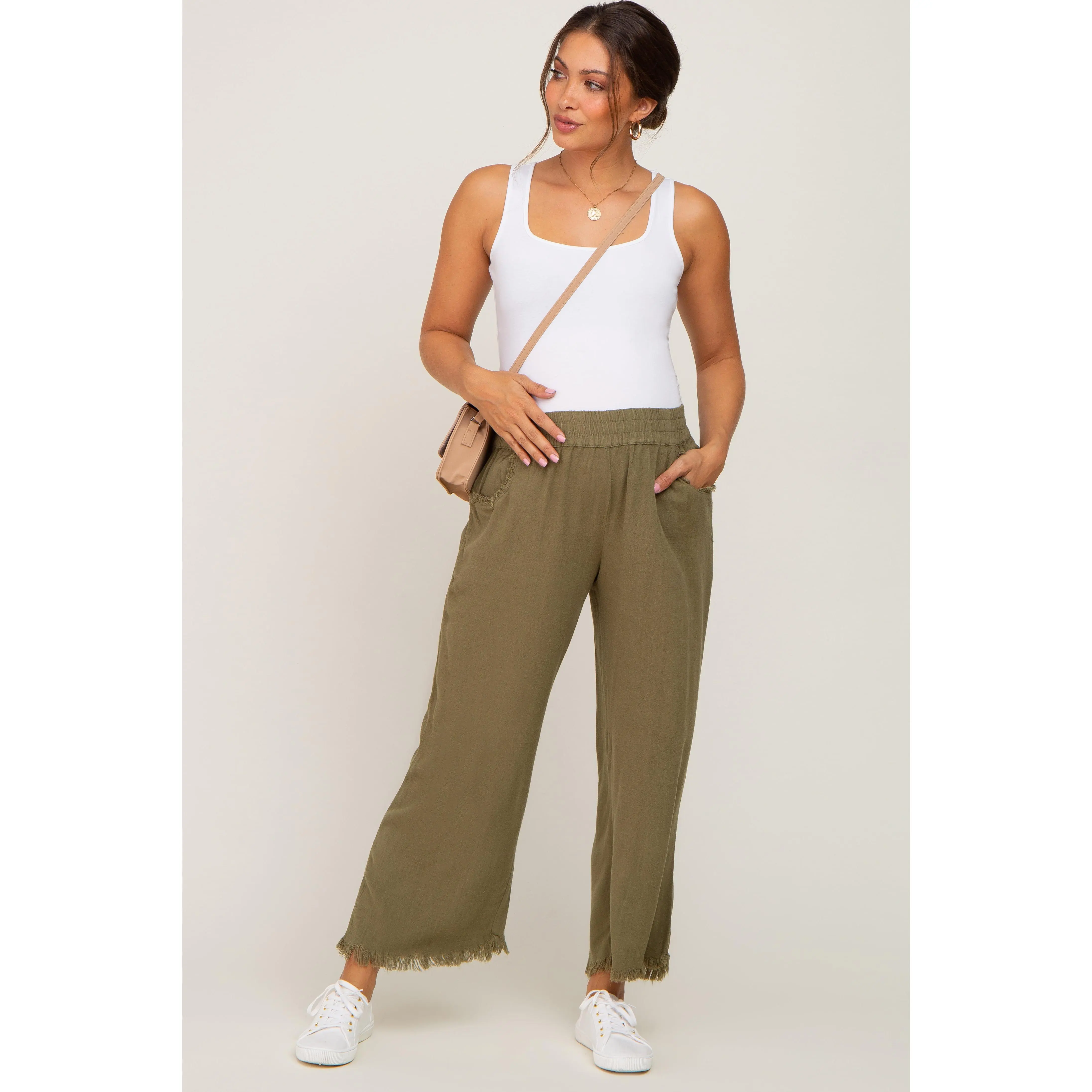 Olive Linen Frayed Hem Crop Maternity Pants