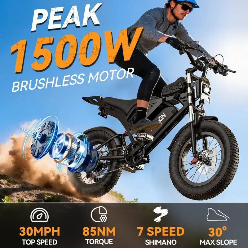 Electric Bike for Adult 1500W 70Mile 31MPH 20'' Fat Tire Off-road Mountain Ebike
