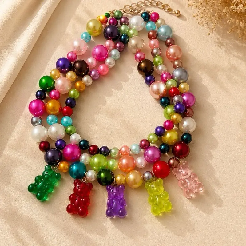 Unisex Colorful Beads Plastic Pearls Gummie Bear Pendant Necklace - Adjustable, Lightweight, Playful Look Casual Wear Jewelry Accessory