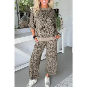 Khaki Jacquard Leopard Half Sleeve Jumper Wide Leg Pant Set