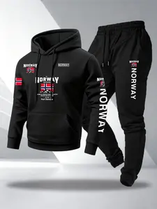 Men's Norwegian Theme Letter Print Hoodie and Fleece Sweatpants Set, Casual Fashion, Comfortable Daily Wear, Outdoor Activities