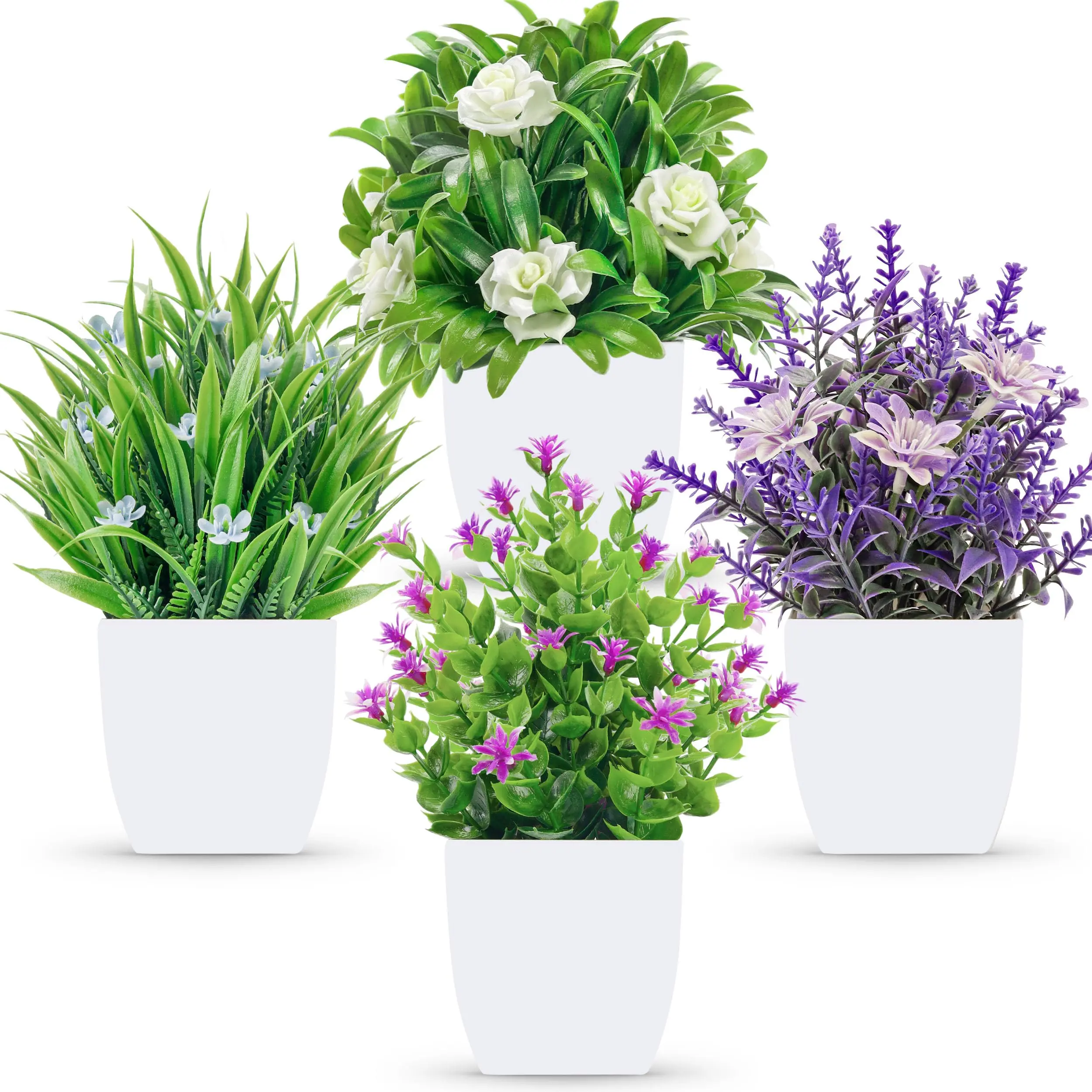 Der Rose 4-Pack Small Fake Indoor Potted Plants - Mini Artificial Decorative Ornaments with Decorative Flowers for Table, Desk, New Home Decor (summerwins Mid Year Sale),dorm essentials