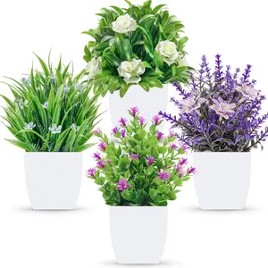 Der Rose 4 Pack Small Fake Flowers Plants Mini Artificial Potted Plants for Table Desk Home Bathroom Office Decor