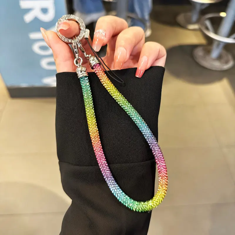 Women's Sparkly Rainbow Rhinestone Mobile Phone Wristlet - Bling Crystal Handheld Lanyard, Anti-Lost Smartphone Strap, Luxury Accessory with Universal Compatibility for iPhone & Android, Phone Decoration