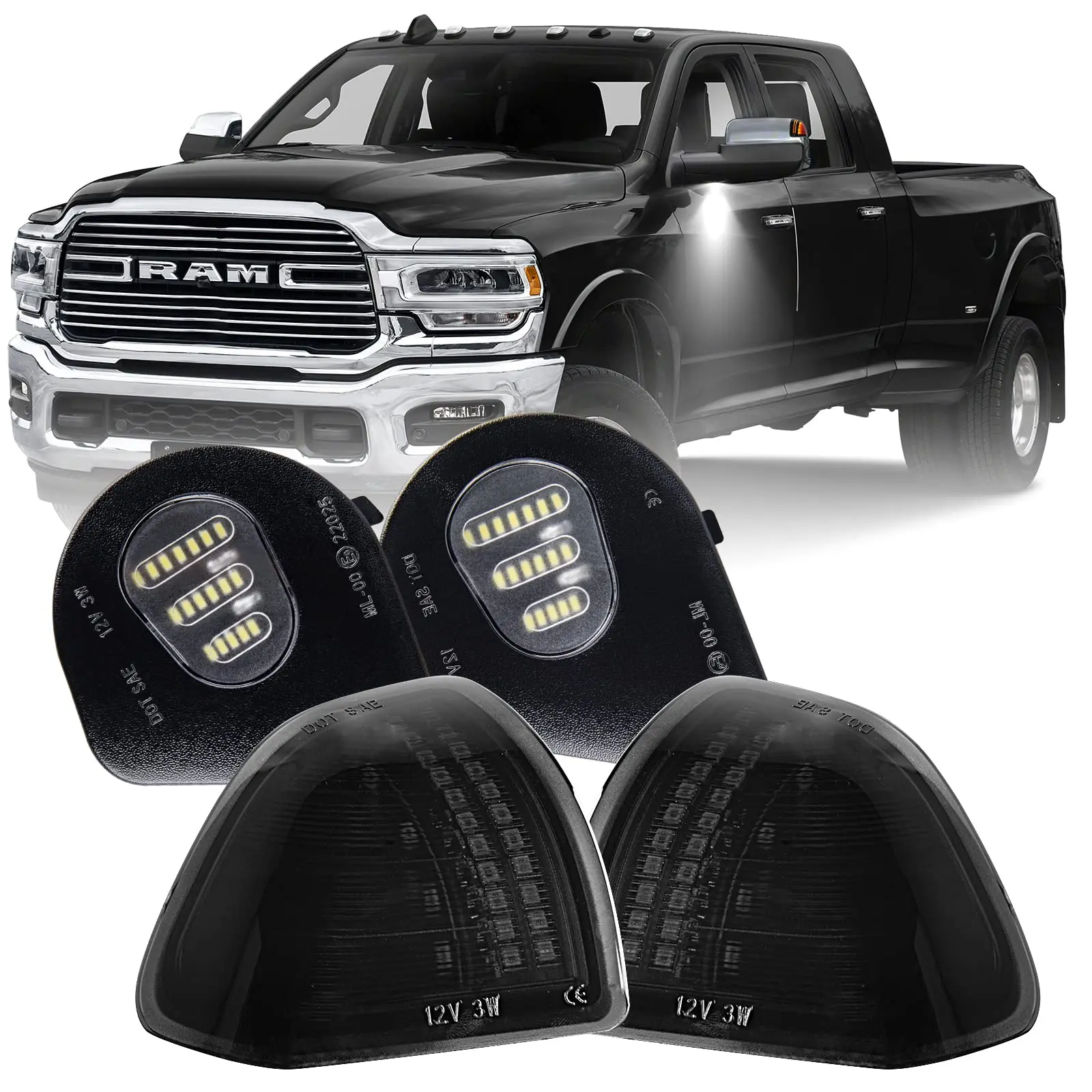 Gempro LED Side Mirror Turn Signals & Puddle Lights Assembly Kit Set - ABS Plastic, High Brightness, Waterproof Lens, Plug-and-Play for 2010-2018 Dodge Ram 1500/2500/3500/4500/5500 Towing Mirrors (4PCS)