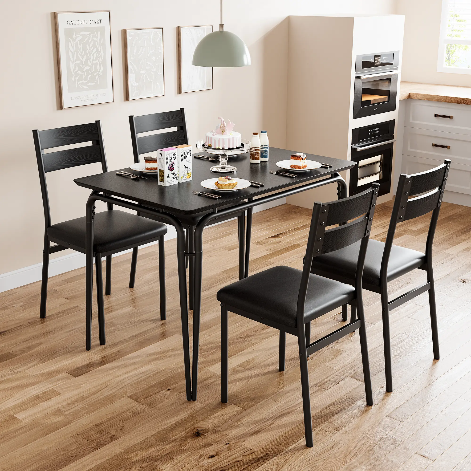 Dining Table Set for 4 - Modern Industrial Kitchen Table & Chairs with Upholstered Seats, Wood & Metal Rectangular Dinner Table Set for Dining Room