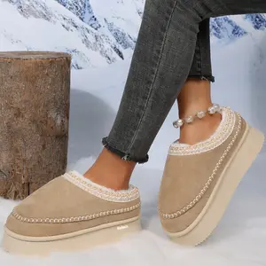Fashion Platform Fleece Slippers for Women Fleece-Lined Mini Snow Boots Ethnic Pattern Warm Indoor Outdoor Footwear