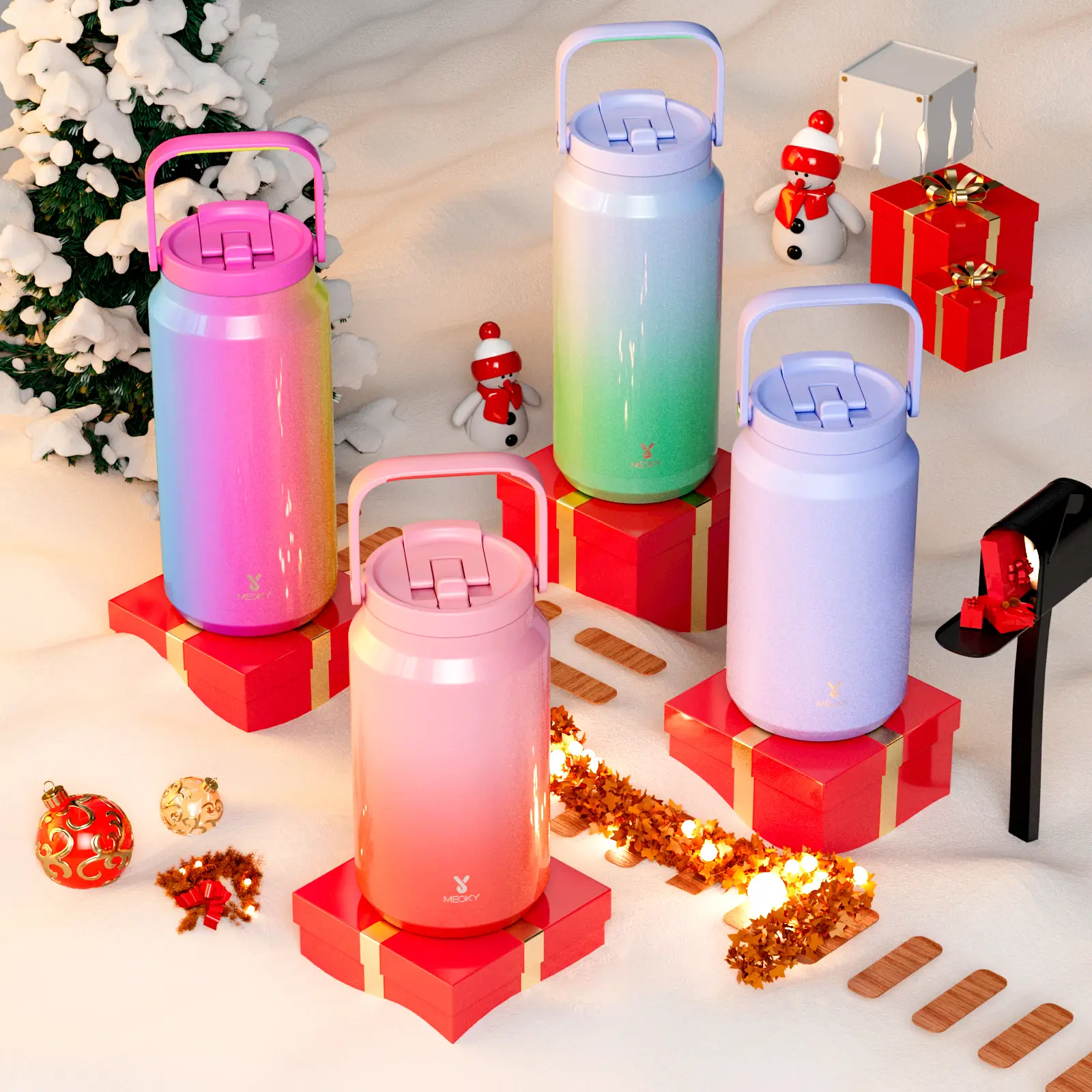 【 MEOKY 】 50/60oz Large Capacity Stainless Steel Handle Water Bottle, Replaceable Handle, Built-In Silicone Straw, Can Be Consumed Directly, Leak Proo